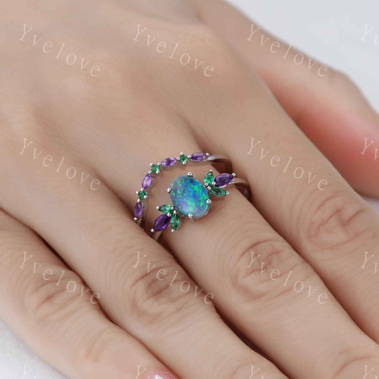 Natural Blue Opal Wedding Ring Set Oval Opal Engagement Ring White Gold Wedding Ring Emerald Amethyst  Promise Jewelry Anniversary Gift