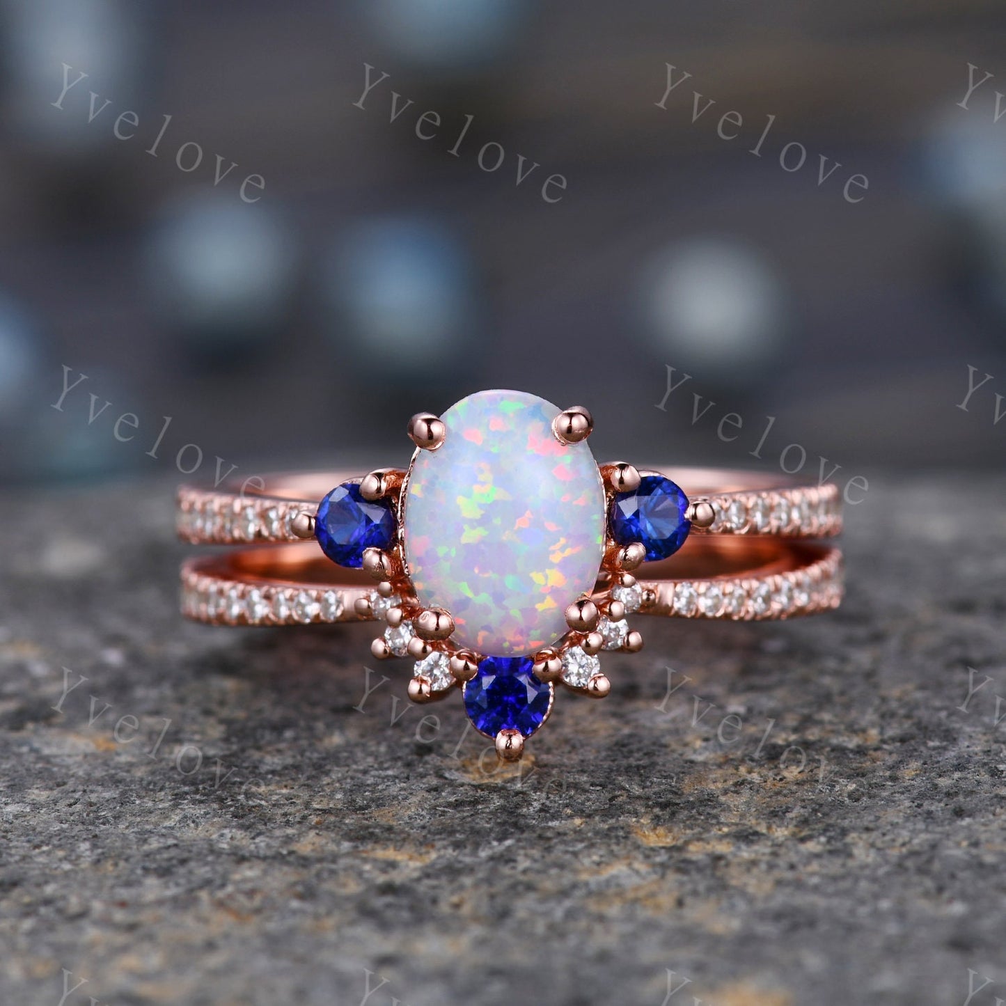 Danity Opal Engagement Ring Set Blue Sapphire Diamond Matching Band Women Bridal Wedding Ring Set Yellow Gold Anniversary Promise Jewelry