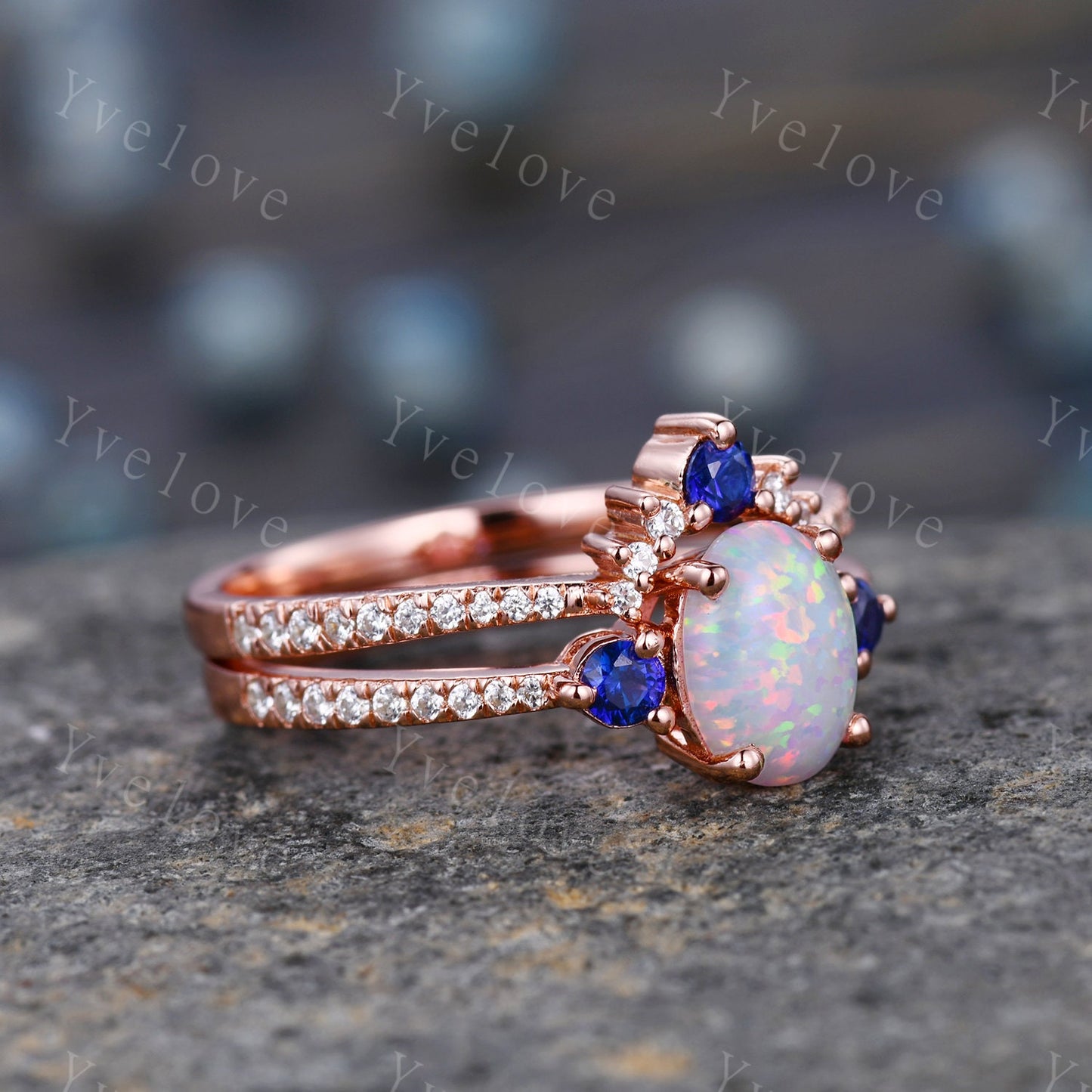 Oval Cut Opal Engagement Ring Set Rose Gold Diamond Blue Sapphire Matching Band Stacking Bridal Wedding Ring Set Birthstone Promise Jewelry
