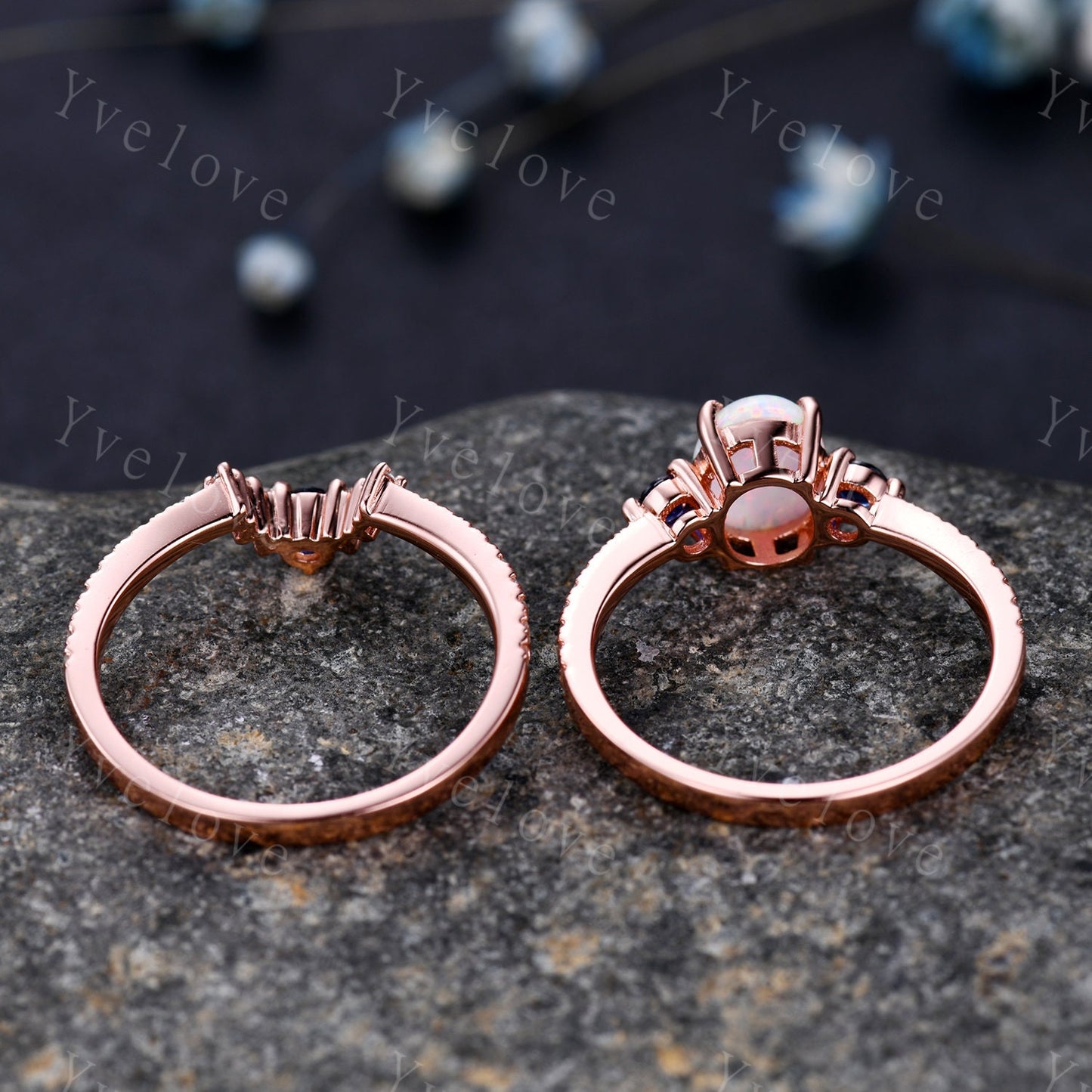 Danity Opal Engagement Ring Set Blue Sapphire Diamond Matching Band Women Bridal Wedding Ring Set Yellow Gold Anniversary Promise Jewelry
