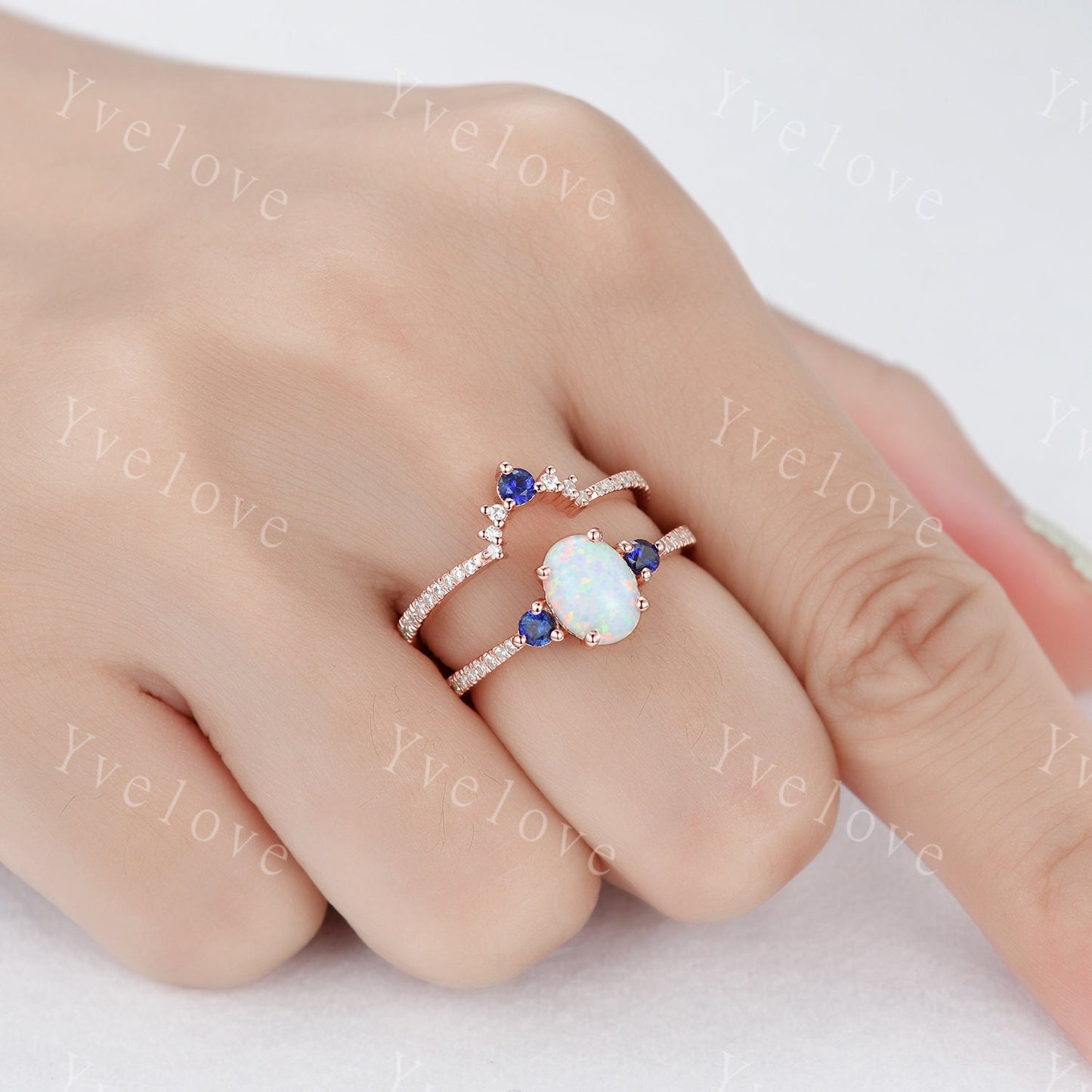 Danity Opal Engagement Ring Set Blue Sapphire Diamond Matching Band Women Bridal Wedding Ring Set Yellow Gold Anniversary Promise Jewelry