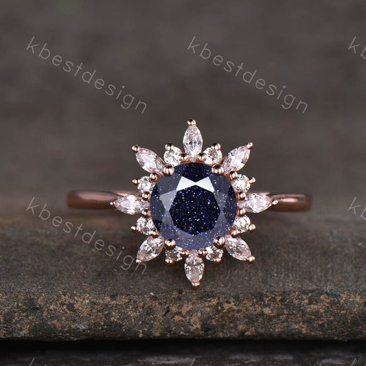 Rose gold blue sandstone ring Round cut blue sandstone engagement ring Unique halo wedding ring solitaire ring promise ring Anniversary
