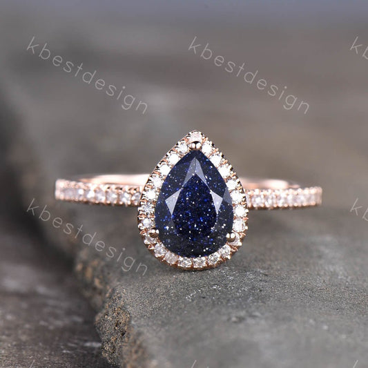 Vintage Pear shaped Blue sandstone engagement ring Rose gold diamond halo wedding ring Unique half eternity bridal ring promise gift