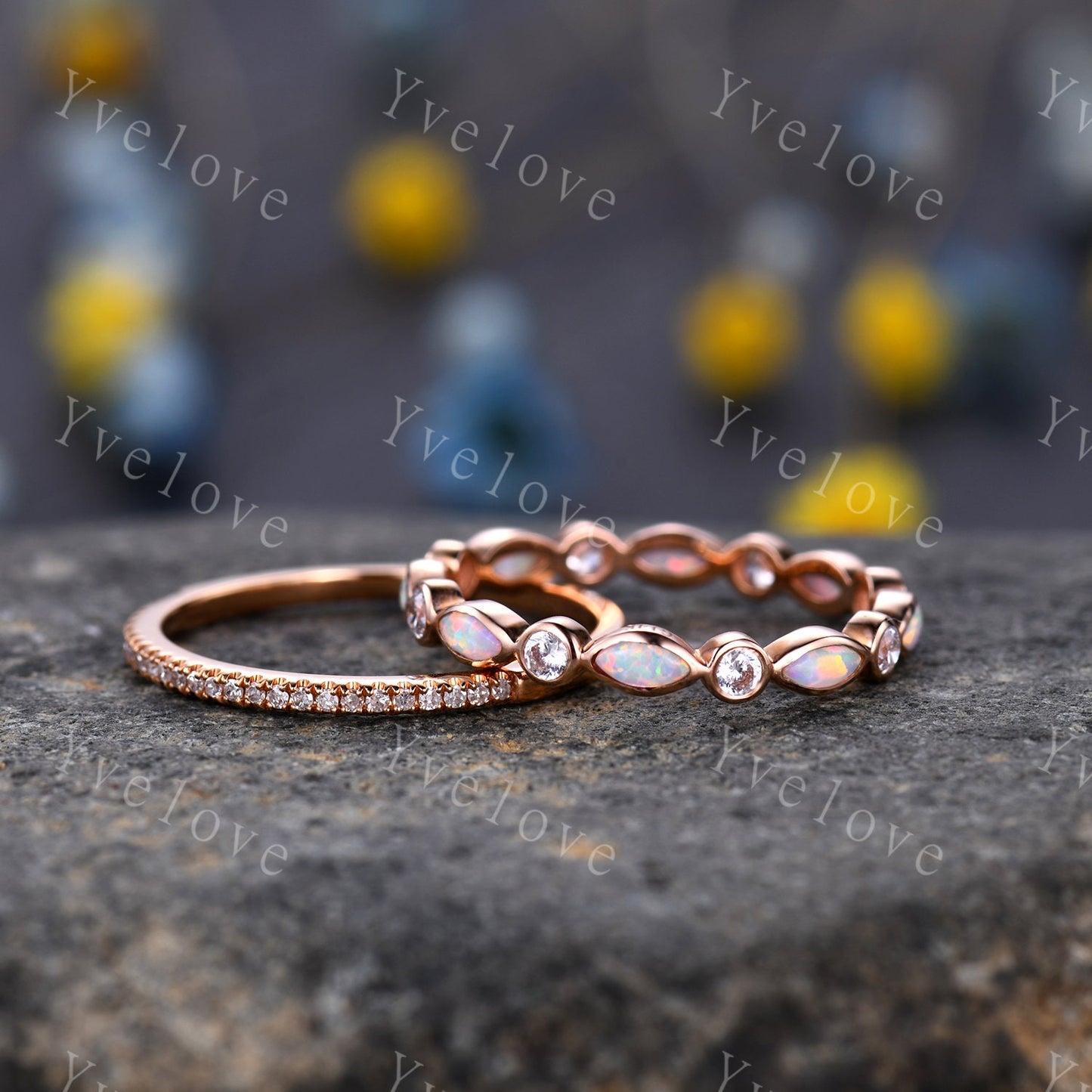 Full eternity Opal diamond wedding ring set 14k rose gold half eternity diamond wedding band  October Birthstone stacking matching band