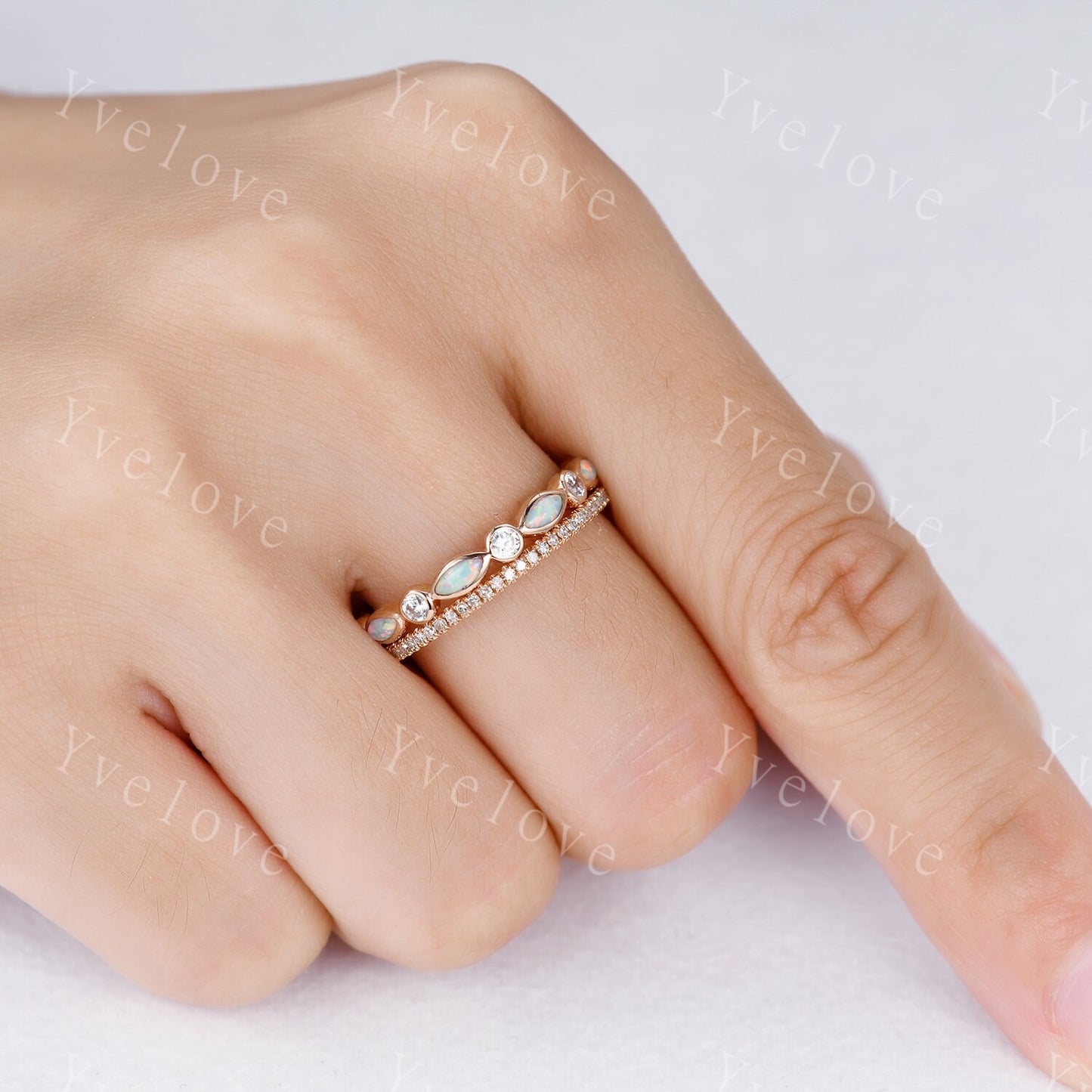 Full eternity Opal diamond wedding ring set 14k rose gold half eternity diamond wedding band  October Birthstone stacking matching band