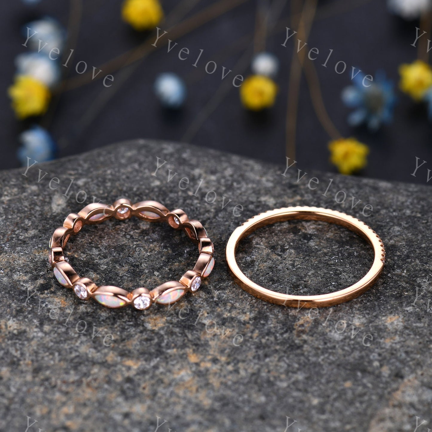 Full eternity Opal diamond wedding ring set 14k rose gold half eternity diamond wedding band  October Birthstone stacking matching band
