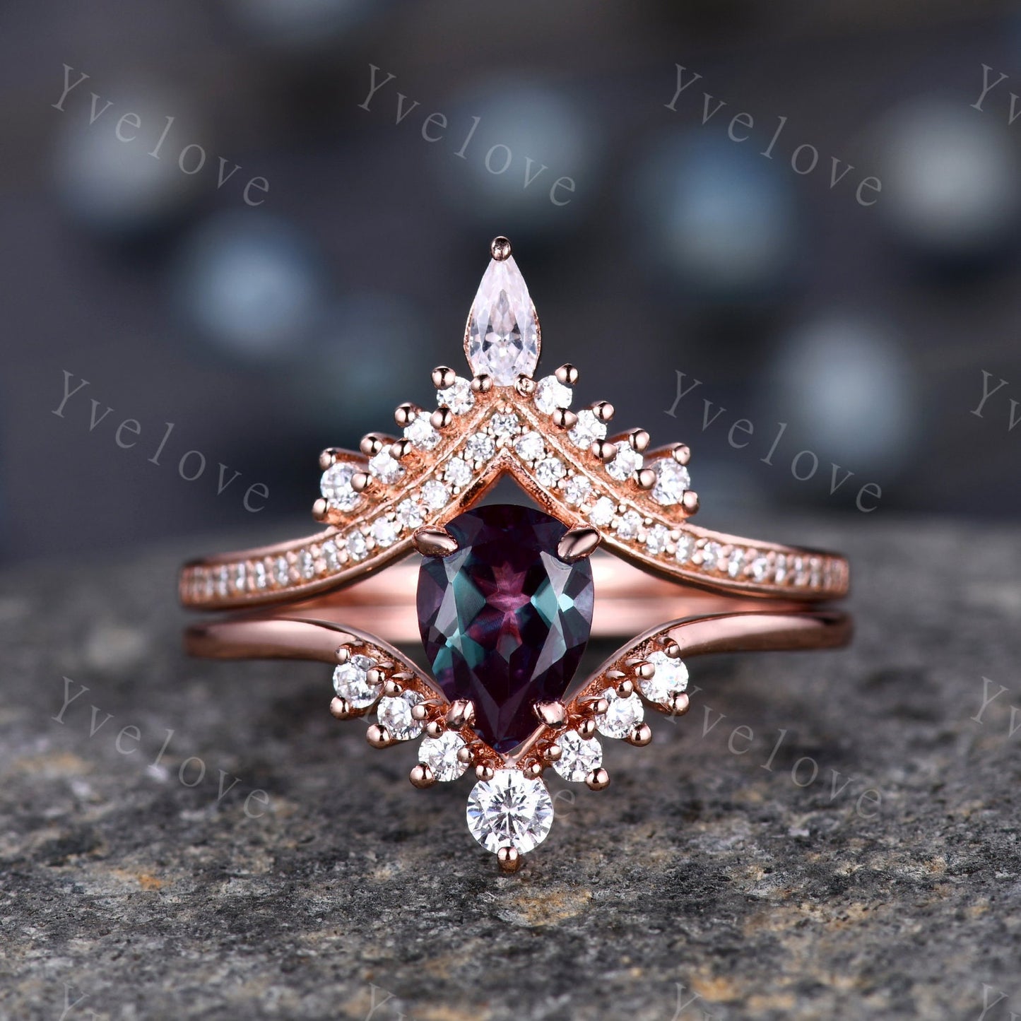 Pear Cut Vintage Alexandrite Engagement Ring Set Atr Deco Rose Gold Women  Matching Band Promise Bridal Stacking Ring Set Gift for her