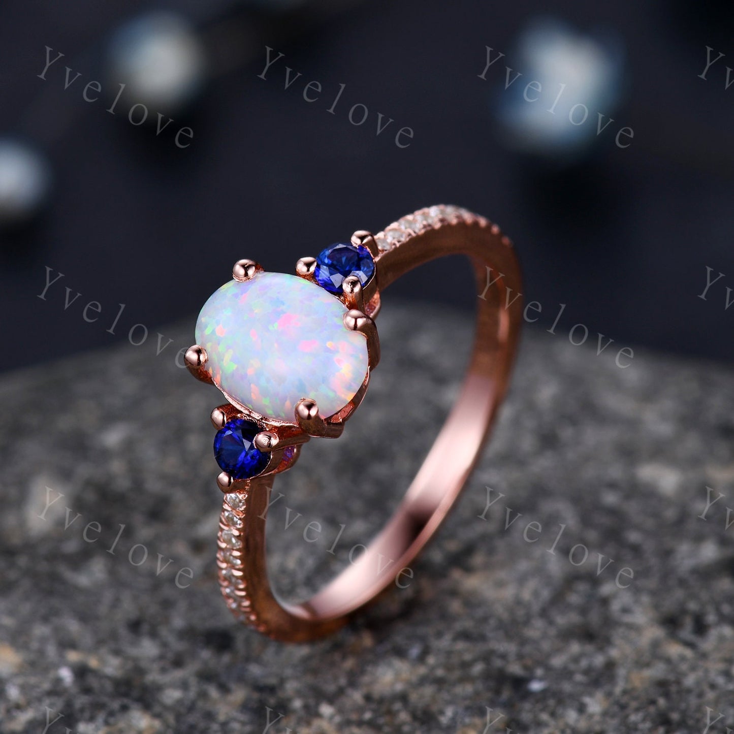 Oval Cut Opal Engagement Ring Set Rose Gold Diamond Blue Sapphire Matching Band Stacking Bridal Wedding Ring Set Birthstone Promise Jewelry