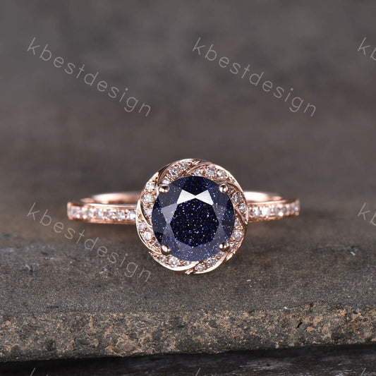 Vintage blue sandstone engagement ring Art deco round shaped wedding ring Rose gold ring for women Anniversary Promise Ring blue gemstone