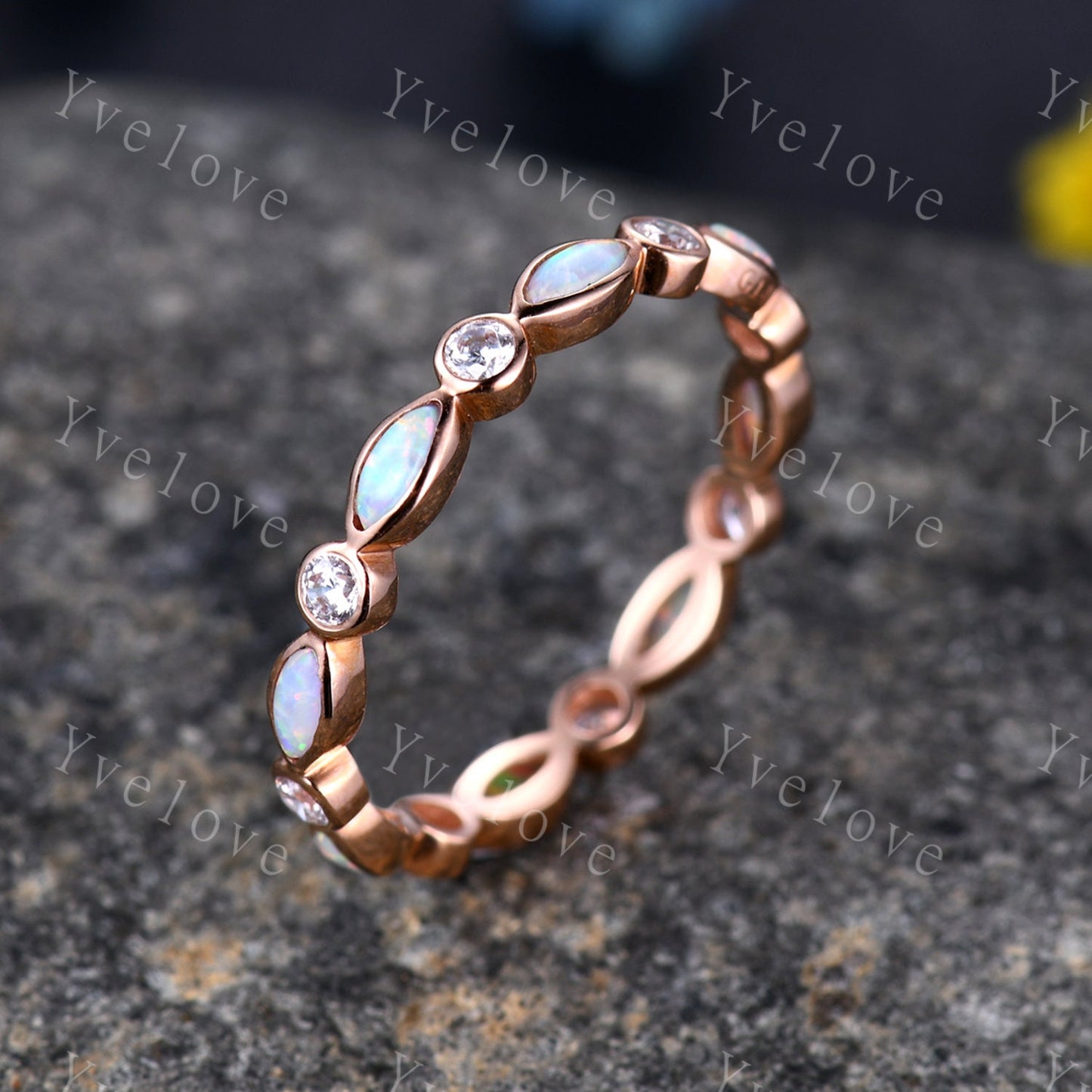 Full eternity white fire Opal wedding ring 14k rose gold diamond wedding band  marquise opal band October Birthstone stacking matching band