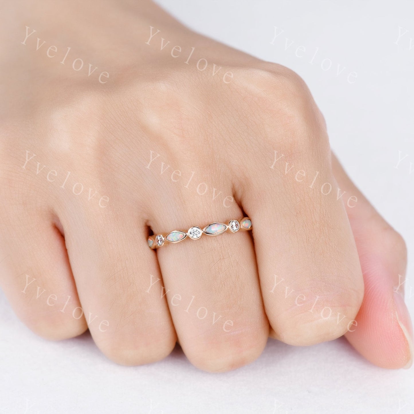 Full eternity white fire Opal wedding ring 14k rose gold diamond wedding band  marquise opal band October Birthstone stacking matching band