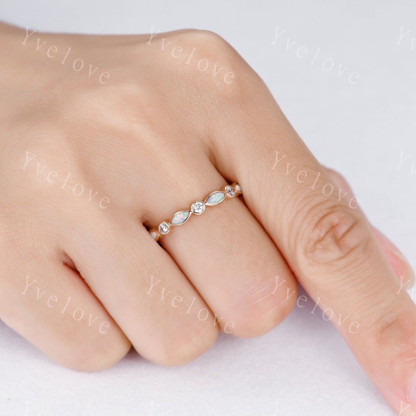 Full eternity white fire Opal wedding ring 14k rose gold diamond wedding band  marquise opal band October Birthstone stacking matching band