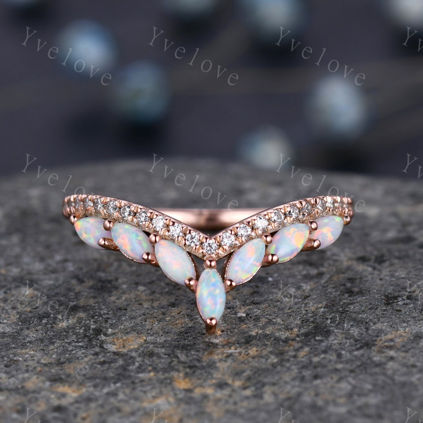 Multi-Gemstone Ring,White Fire Opal Rings for Women, 14k Rose Gold Opal Engagement Ring, Opal Wedding Ring,Promise Ring, Statement Ring
