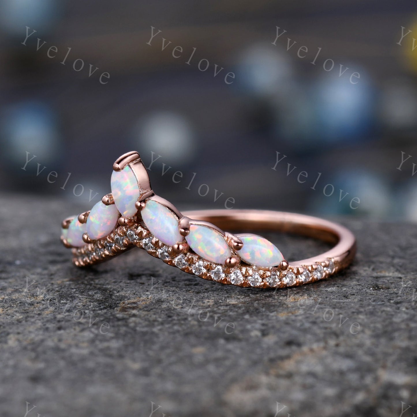 Multi-Gemstone Ring,White Fire Opal Rings for Women, 14k Rose Gold Opal Engagement Ring, Opal Wedding Ring,Promise Ring, Statement Ring