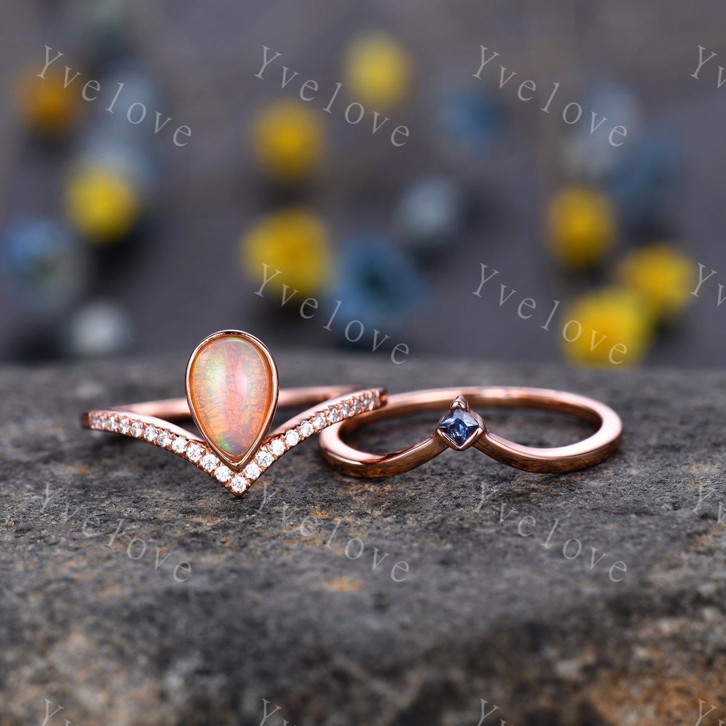 Natural Opal Ring, Opal Wedding Ring Set, 2mm Alexandrite band, Rose Gold Opal Engagement Ring, Plain Band, October Birthstone Gift Jewelry