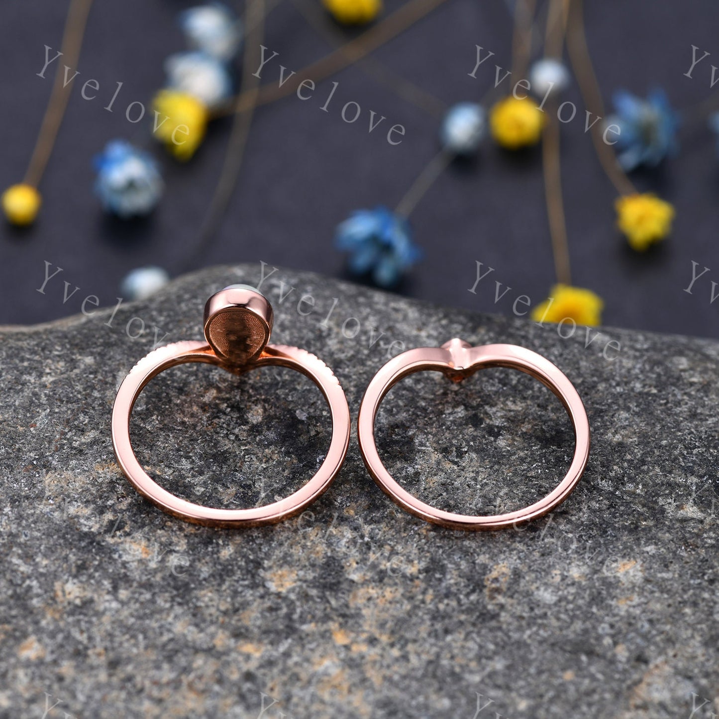 Natural Opal Ring, Opal Wedding Ring Set, 2mm Alexandrite band, Rose Gold Opal Engagement Ring, Plain Band, October Birthstone Gift Jewelry