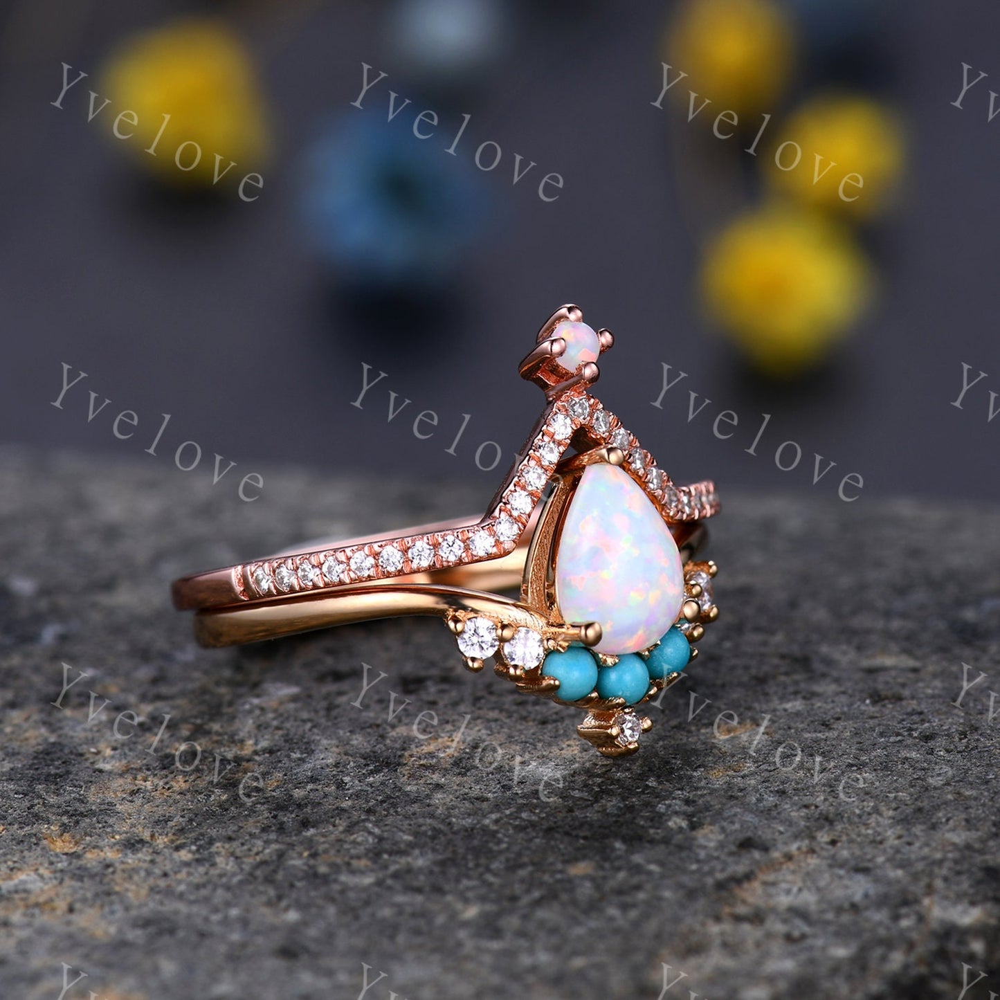 Pear Shaped Opal Ring Set,14K Yellow Gold,White  Opal Turquoise Wedding Ring,Bridal Ring Set,V Shaped Curved Stackable Matching Band Gift
