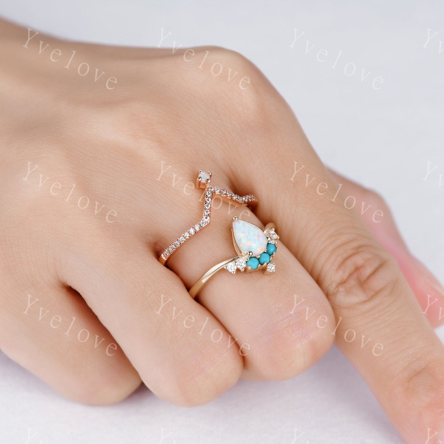 Pear Shaped Opal Ring Set,14K Yellow Gold,White  Opal Turquoise Wedding Ring,Bridal Ring Set,V Shaped Curved Stackable Matching Band Gift
