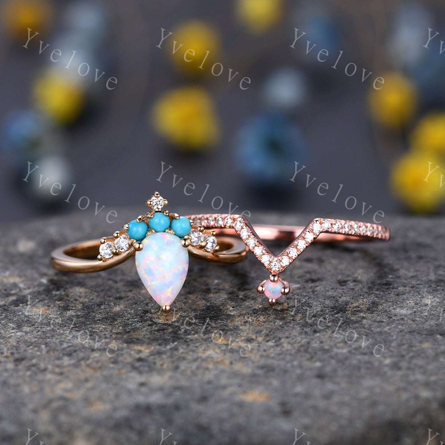 Pear Shaped Opal Engagement Ring,Opal Turquoise Wedding Ring,Bridal Ring,October Birthstone,14k Yellow Gold Anniversary Promise Ring Gift