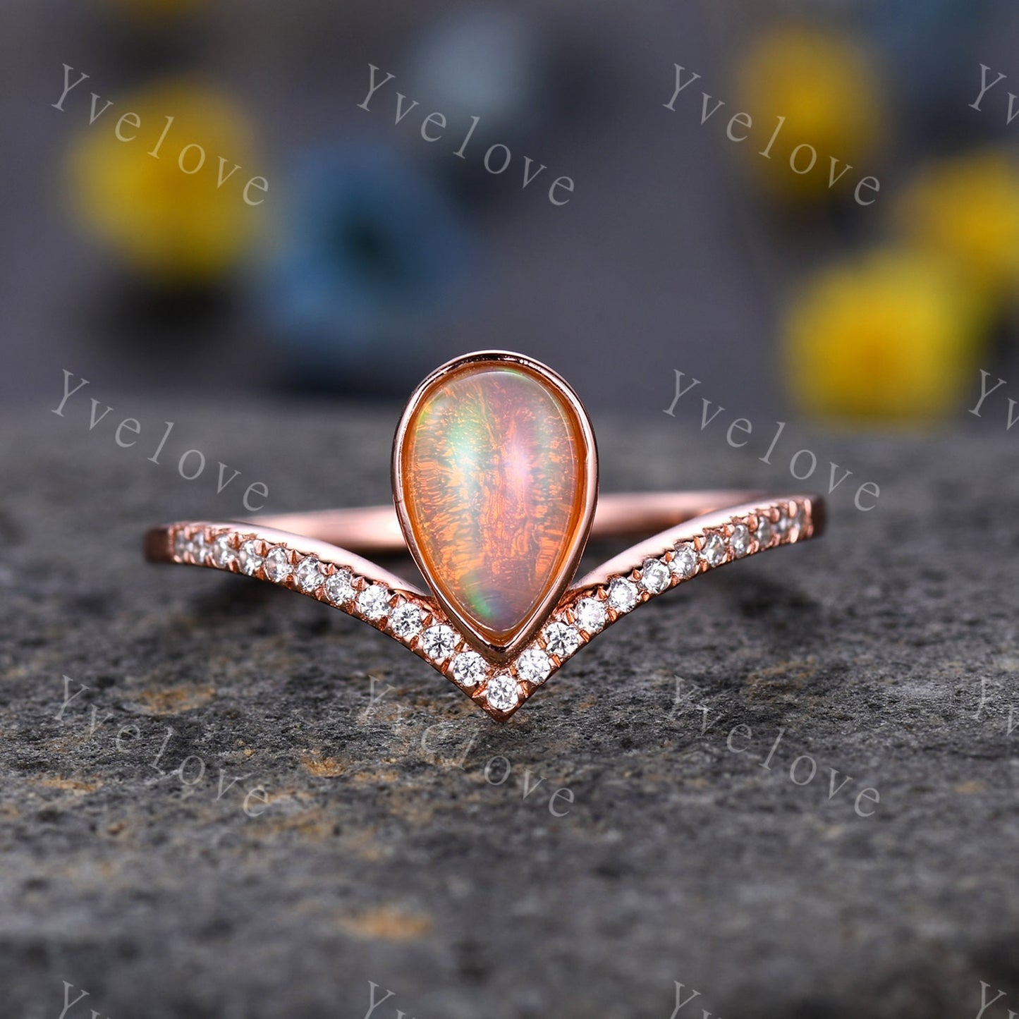 Natural Opal Ring, Opal Wedding Ring Set, 2mm Alexandrite band, Rose Gold Opal Engagement Ring, Plain Band, October Birthstone Gift Jewelry