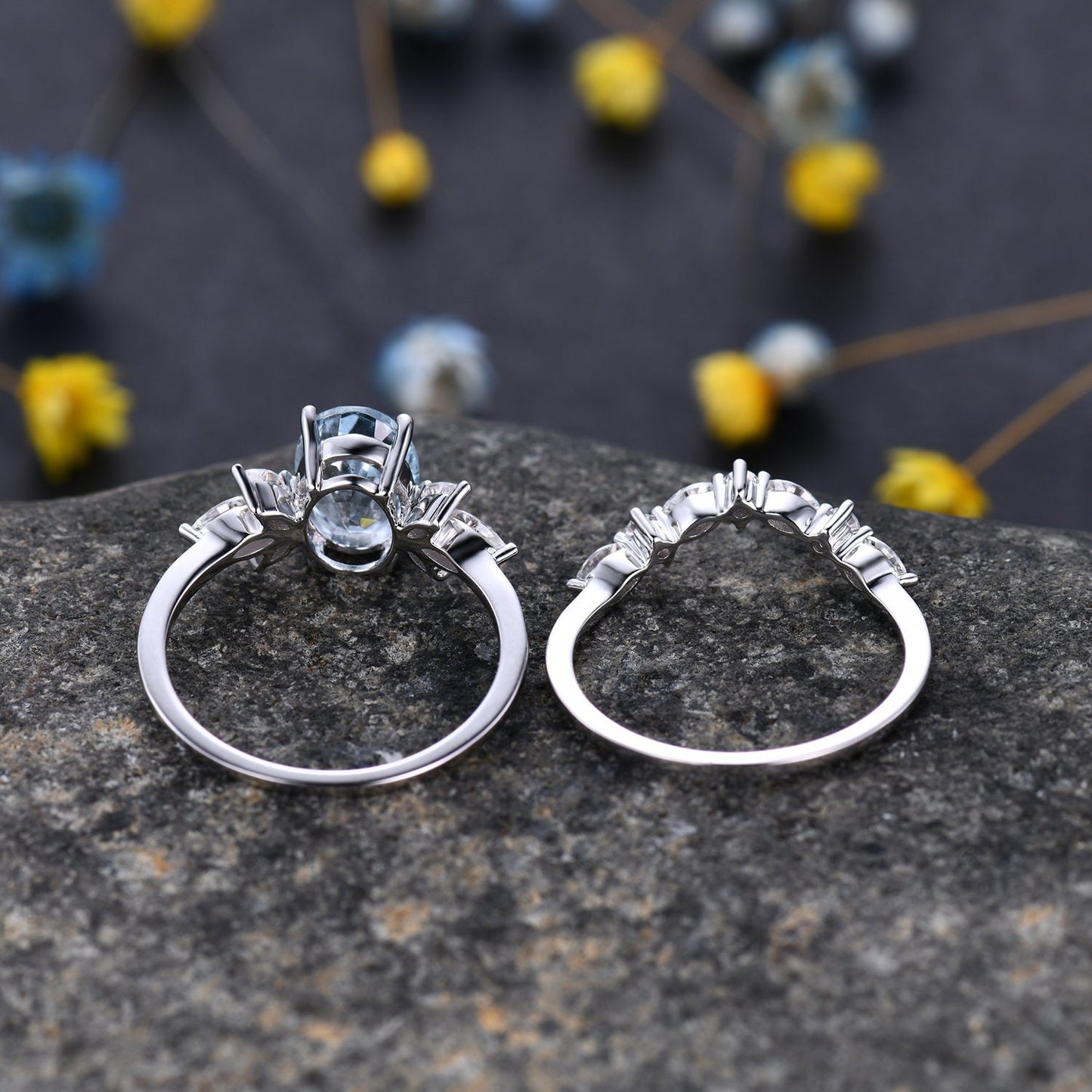 Aquamarine ring set White gold aquamarine engagement ring moissanite band aquamarine bridal set Valentines gift for women March birthstone