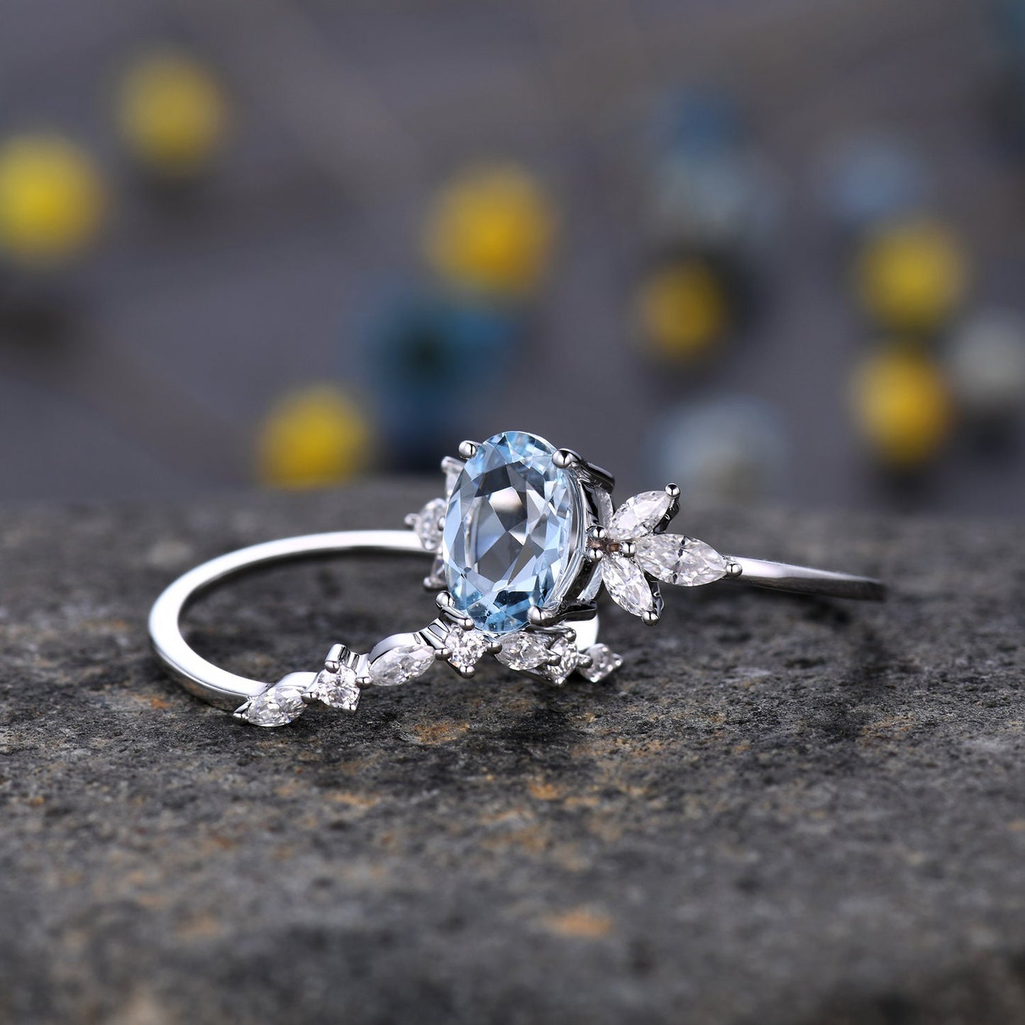 Aquamarine ring set White gold aquamarine engagement ring moissanite band aquamarine bridal set Valentines gift for women March birthstone