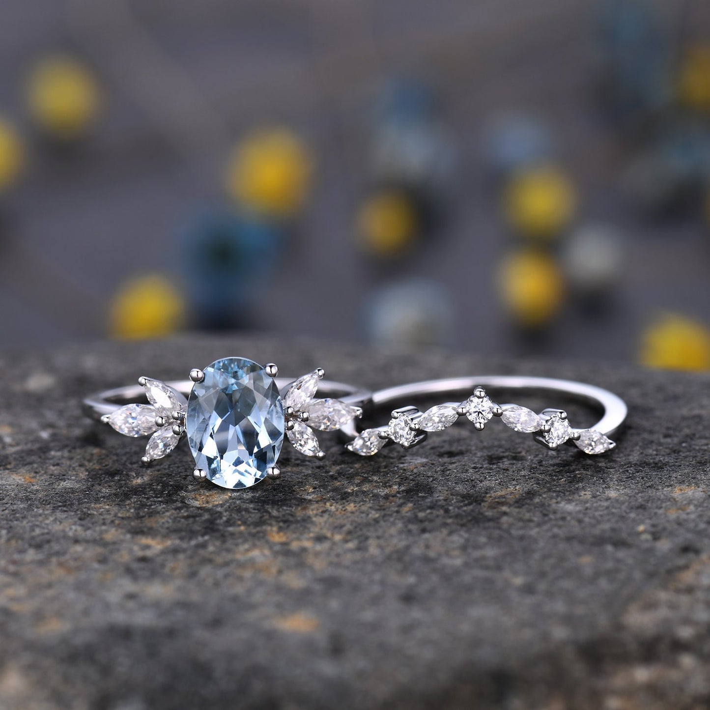 Aquamarine ring set White gold aquamarine engagement ring moissanite band aquamarine bridal set Valentines gift for women March birthstone