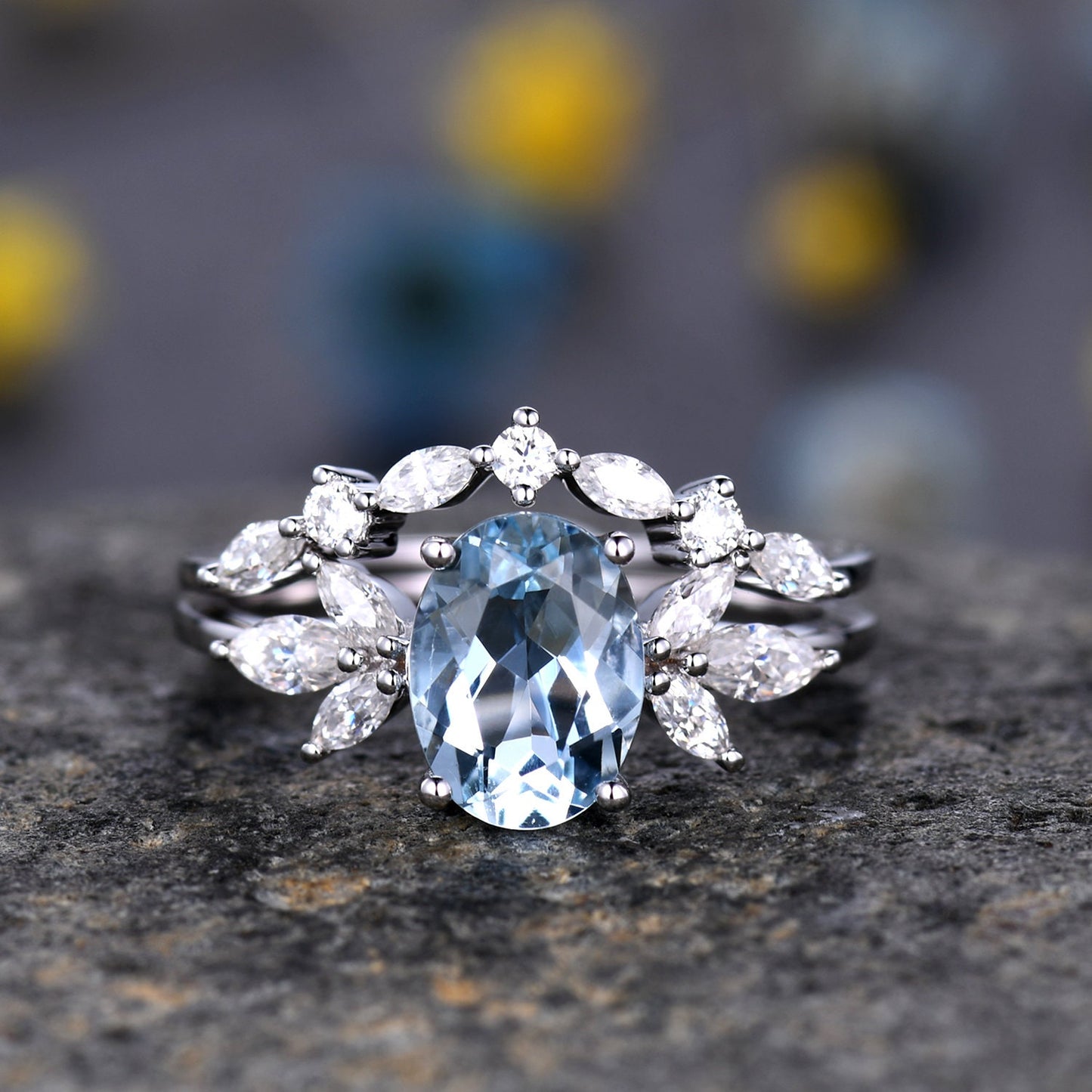Aquamarine ring set White gold aquamarine engagement ring moissanite band aquamarine bridal set Valentines gift for women March birthstone