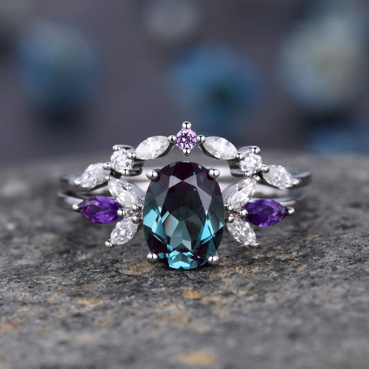 Vintage Alexandrite Engagement Ring Set White Gold Women Moissanite Amethyst Gem Matching Band Promise Bridal Stacking Ring Set Gift for her