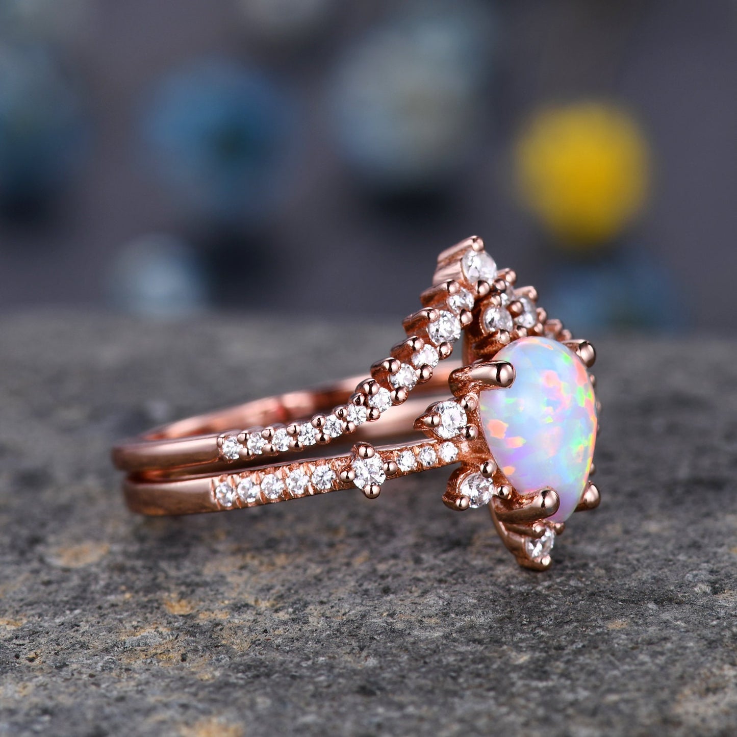Pear Opal Ring White Fire Opal,Engagement Ring Set,Pear Opal Bridal Set ,Moissanite Half Eternity Band,14K Rose Gold,Opal October Birthstone