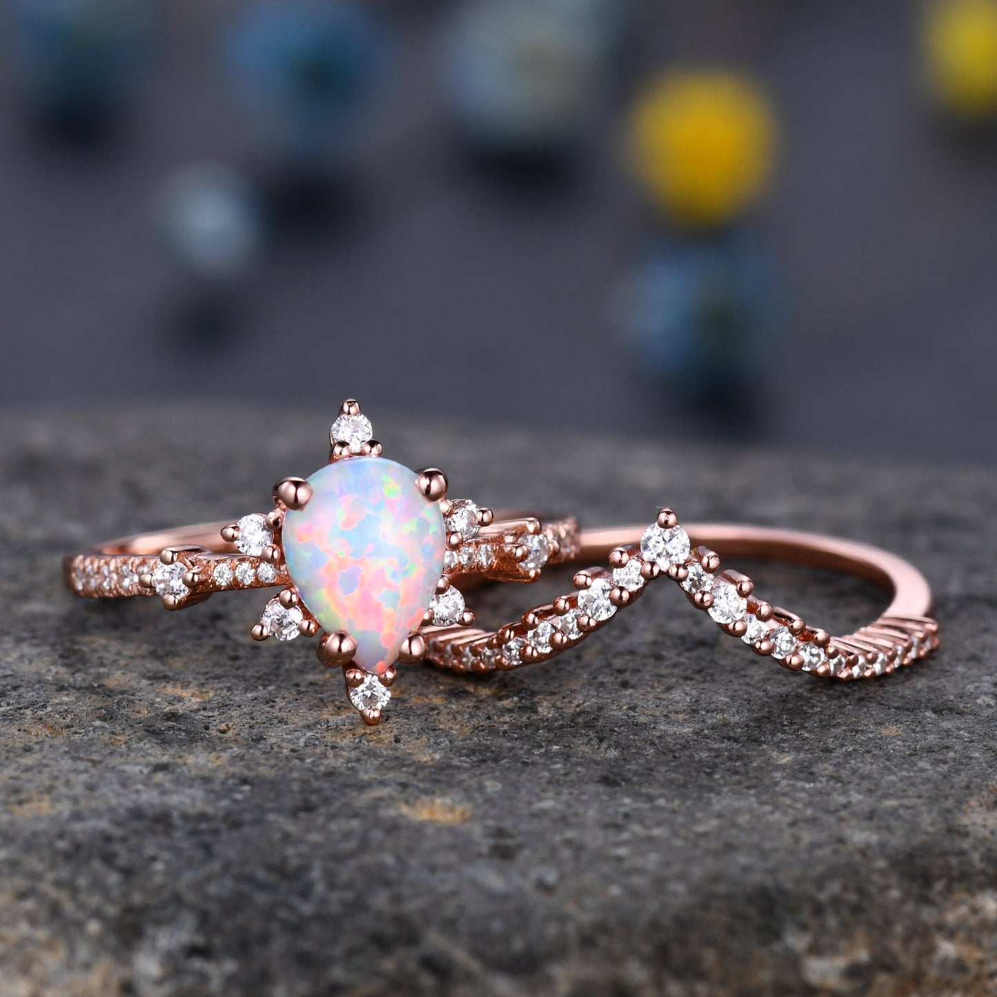 Pear Opal Ring White Fire Opal,Engagement Ring Set,Pear Opal Bridal Set ,Moissanite Half Eternity Band,14K Rose Gold,Opal October Birthstone