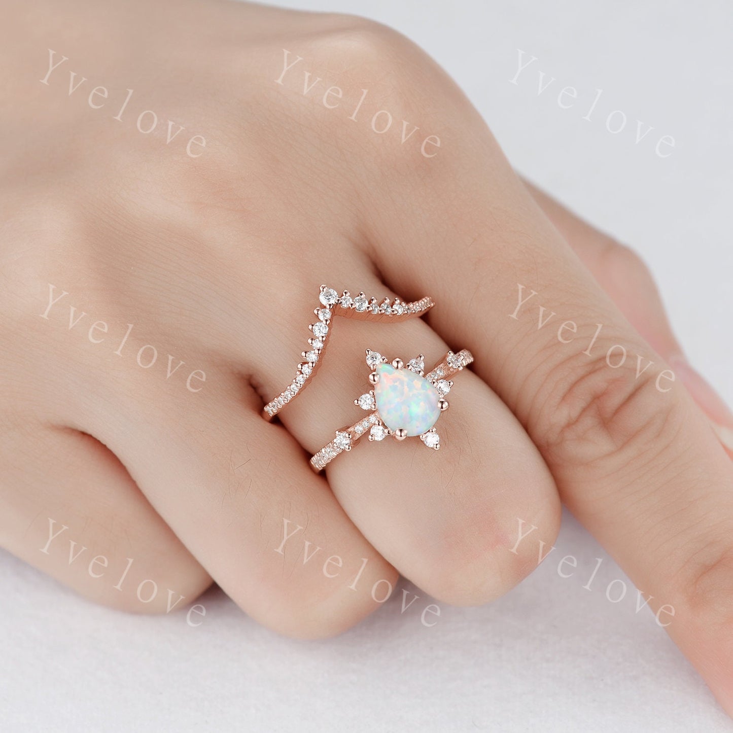 Pear Opal Ring White Fire Opal,Engagement Ring Set,Pear Opal Bridal Set ,Moissanite Half Eternity Band,14K Rose Gold,Opal October Birthstone