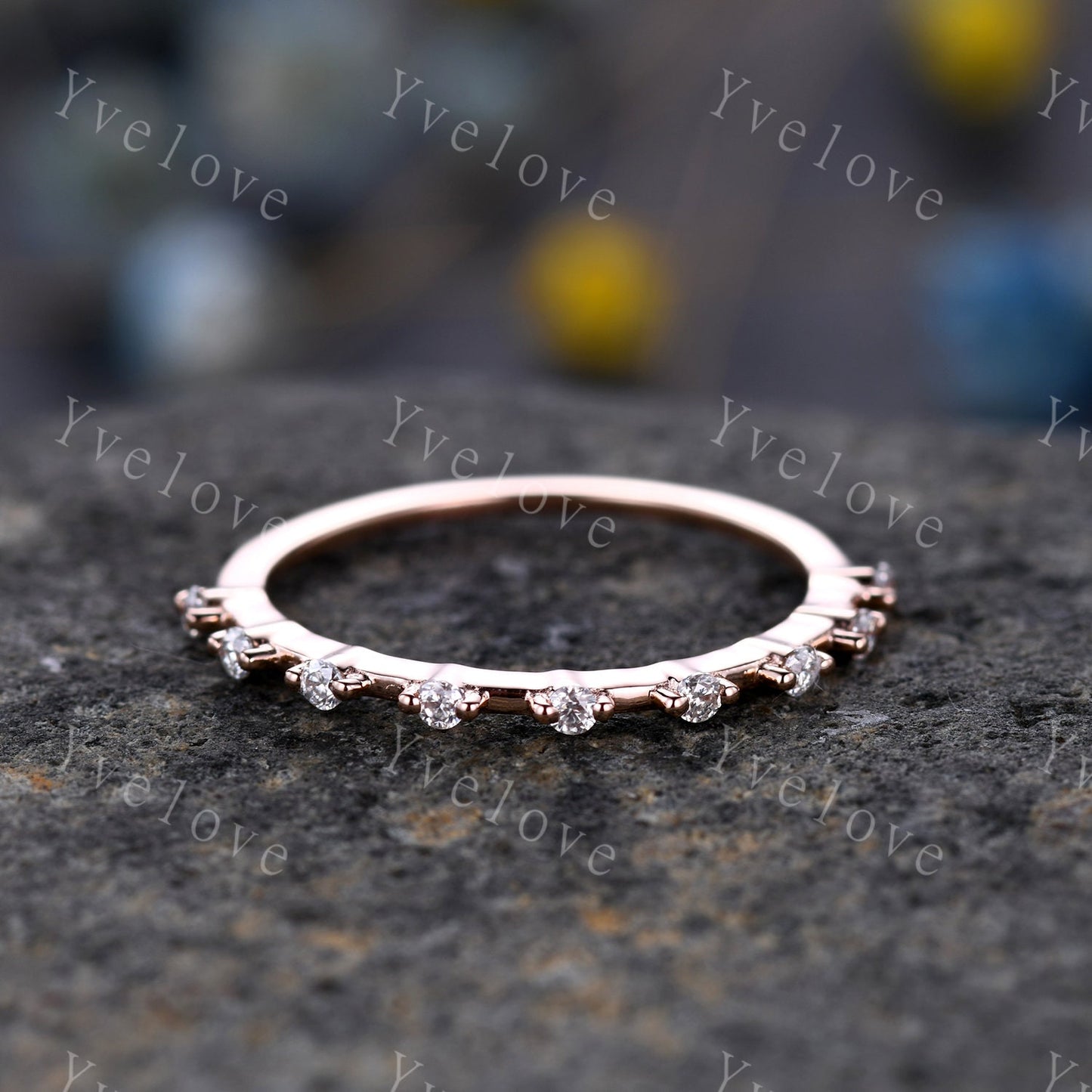 Dainty Diamond Wedding Band Half Eternity 14k Rose Gold Wedding Ring Stacking Matching Band For Women Real Diamond Anniversary Gift For Her