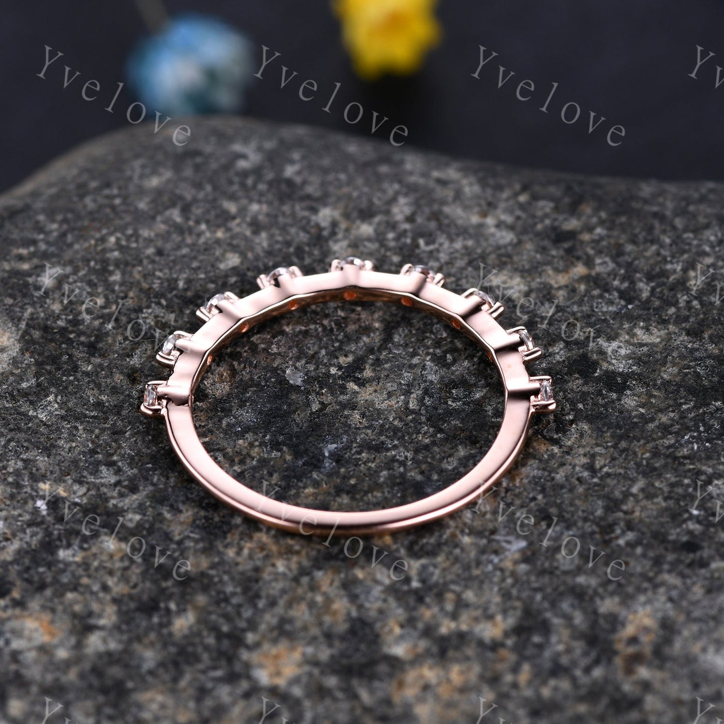Dainty Diamond Wedding Band Half Eternity 14k Rose Gold Wedding Ring Stacking Matching Band For Women Real Diamond Anniversary Gift For Her