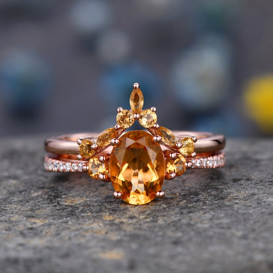 Citrine Engagement Ring Set, Citrine Wedding Ring Set, November Birthstone, Oval Cut Citrine, Eternity Diamond Wedding Band for Women Gift