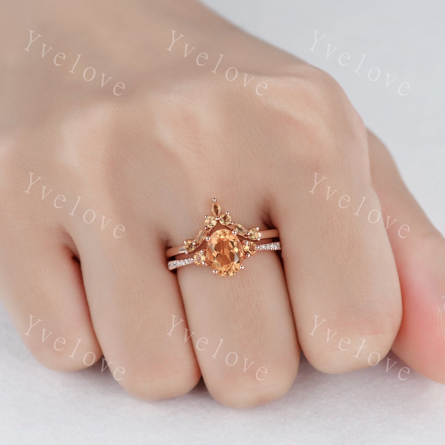 Citrine Engagement Ring Set, Citrine Wedding Ring Set, November Birthstone, Oval Cut Citrine, Eternity Diamond Wedding Band for Women Gift