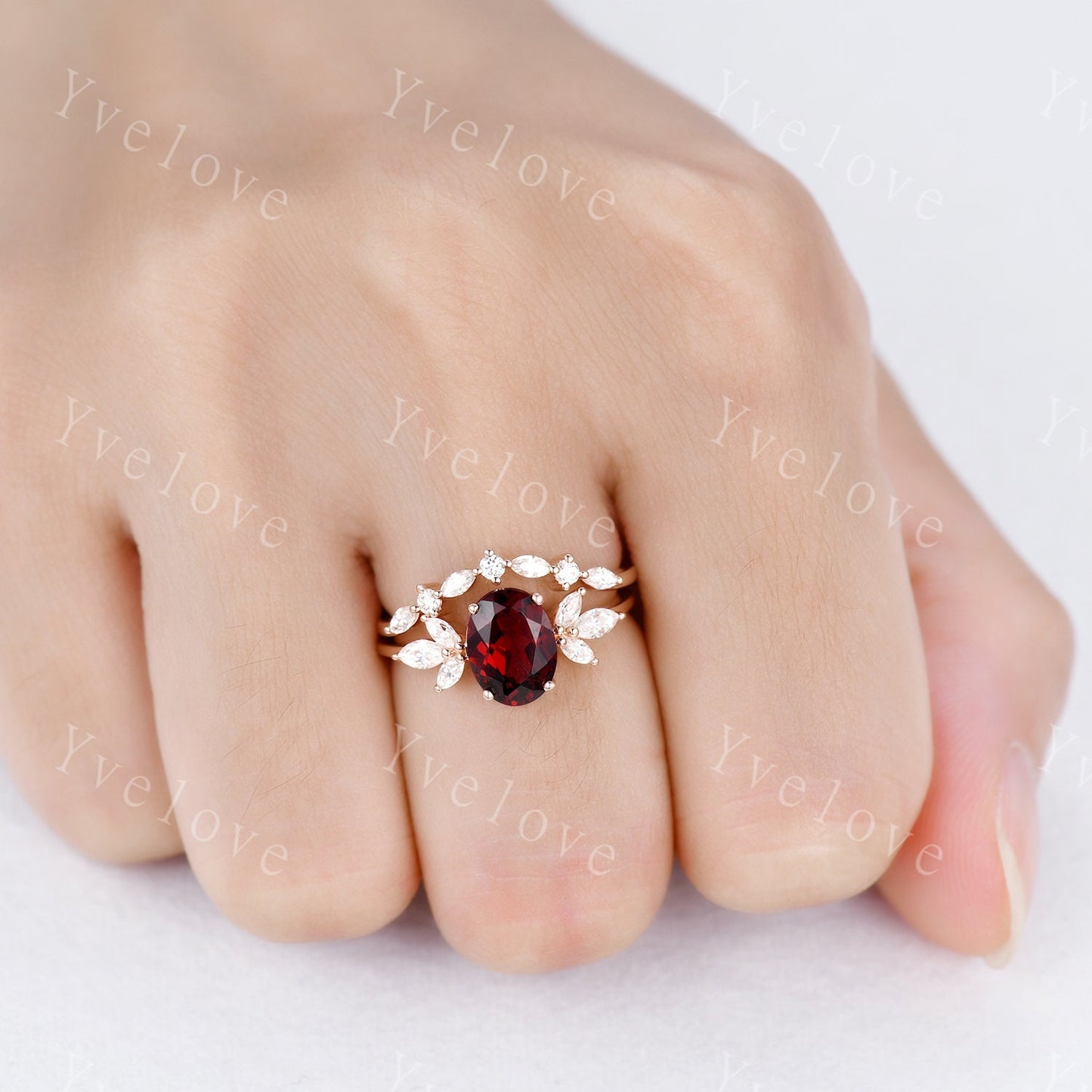 Garnet engagement ring set rose gold art deco ring moissanite stackng matching band women promise ring bridal set anniversary gift for her