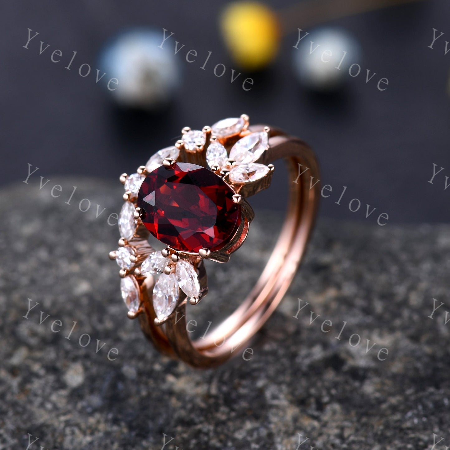 Garnet engagement ring set rose gold art deco ring moissanite stackng matching band women promise ring bridal set anniversary gift for her