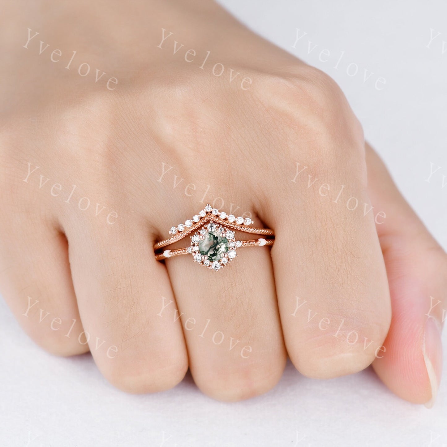 Vintage Moss Agate Engagement Ring Set Rose Gold Diamond Eternity Ring For Women Stacking Bridal Set Floral Halo Promise Anniversary Gift