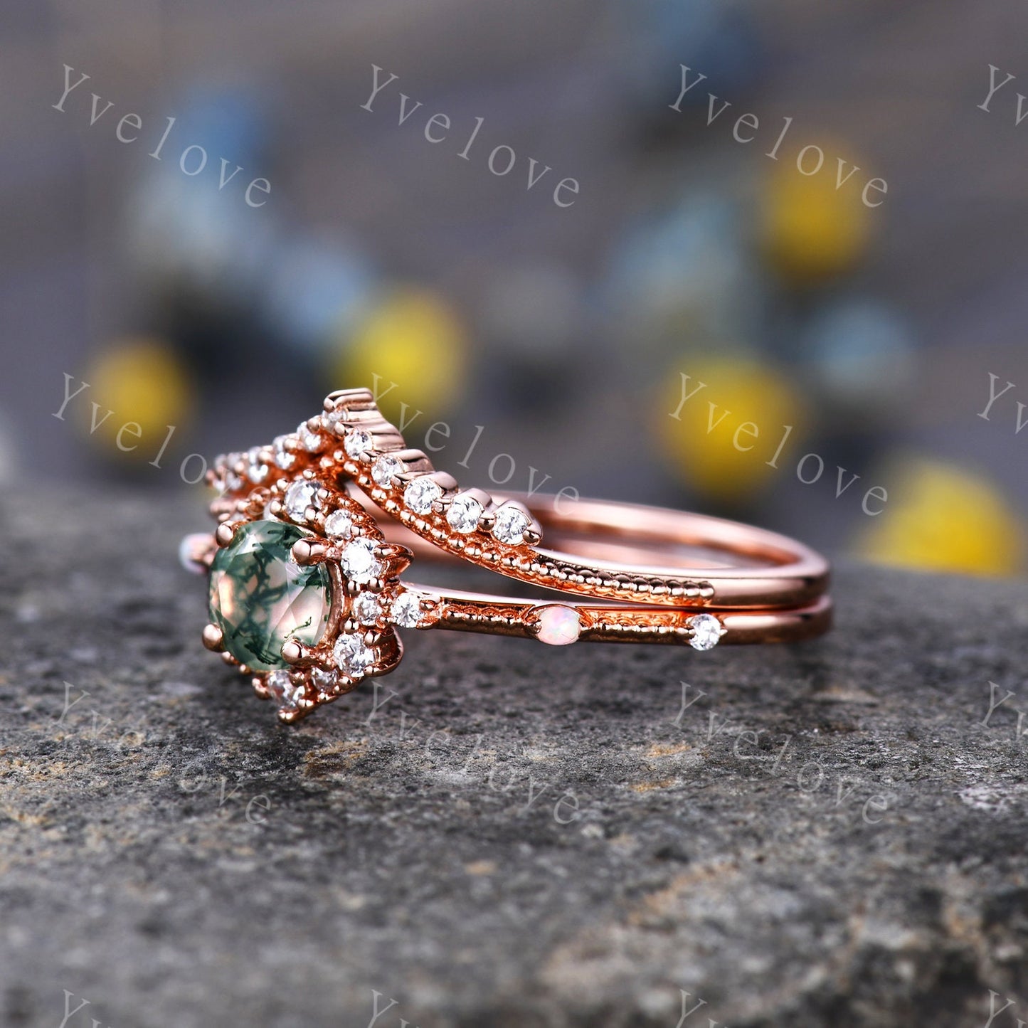 Vintage Moss Agate Engagement Ring Set Rose Gold Diamond Eternity Ring For Women Stacking Bridal Set Floral Halo Promise Anniversary Gift