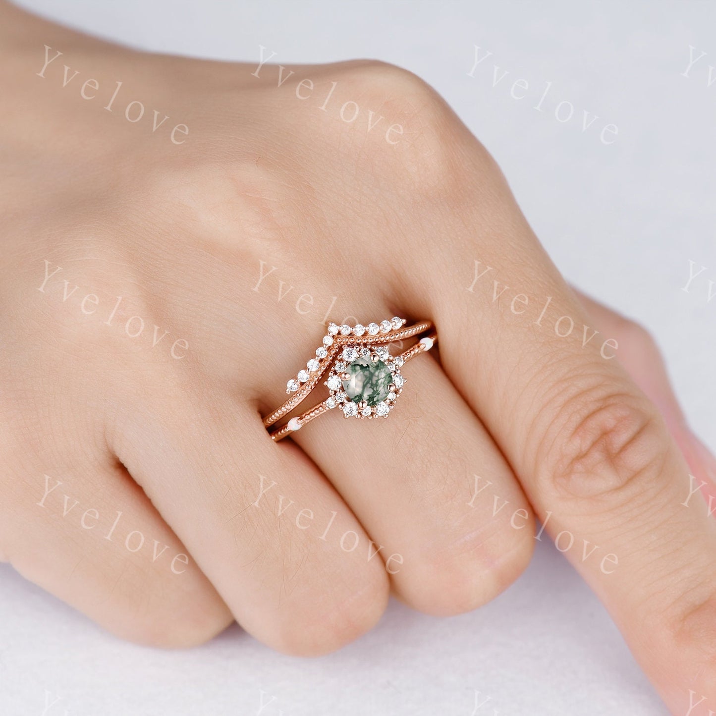 Vintage Moss Agate Engagement Ring Set Rose Gold Diamond Eternity Ring For Women Stacking Bridal Set Floral Halo Promise Anniversary Gift
