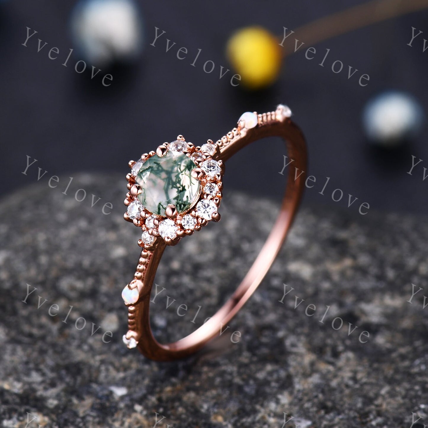 Danity Moss Agate Engagement Ring Rose Gold Diamond Eternity Ring For Women Stacking Bridal Ring Floral Halo Promise Anniversary Gift