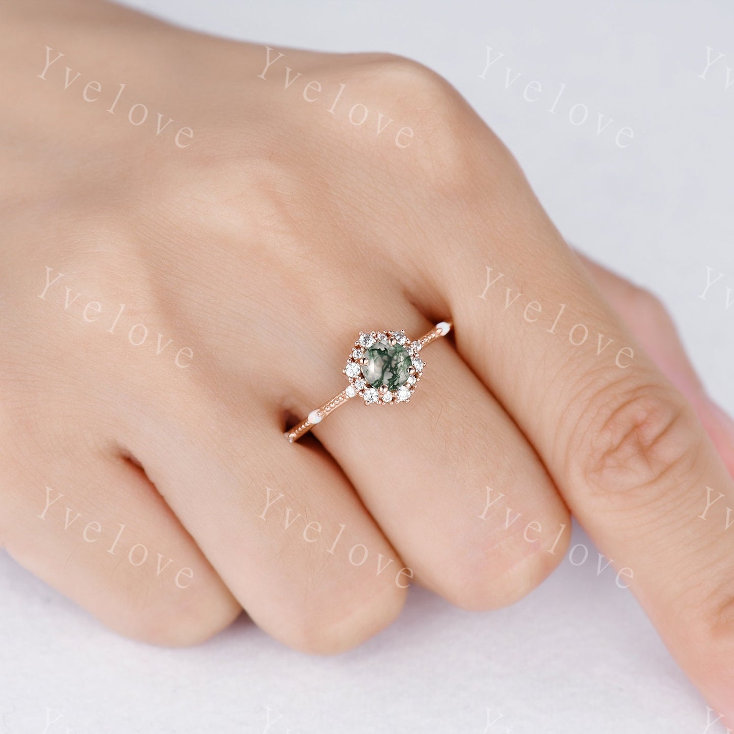 Danity Moss Agate Engagement Ring Rose Gold Diamond Eternity Ring For Women Stacking Bridal Ring Floral Halo Promise Anniversary Gift
