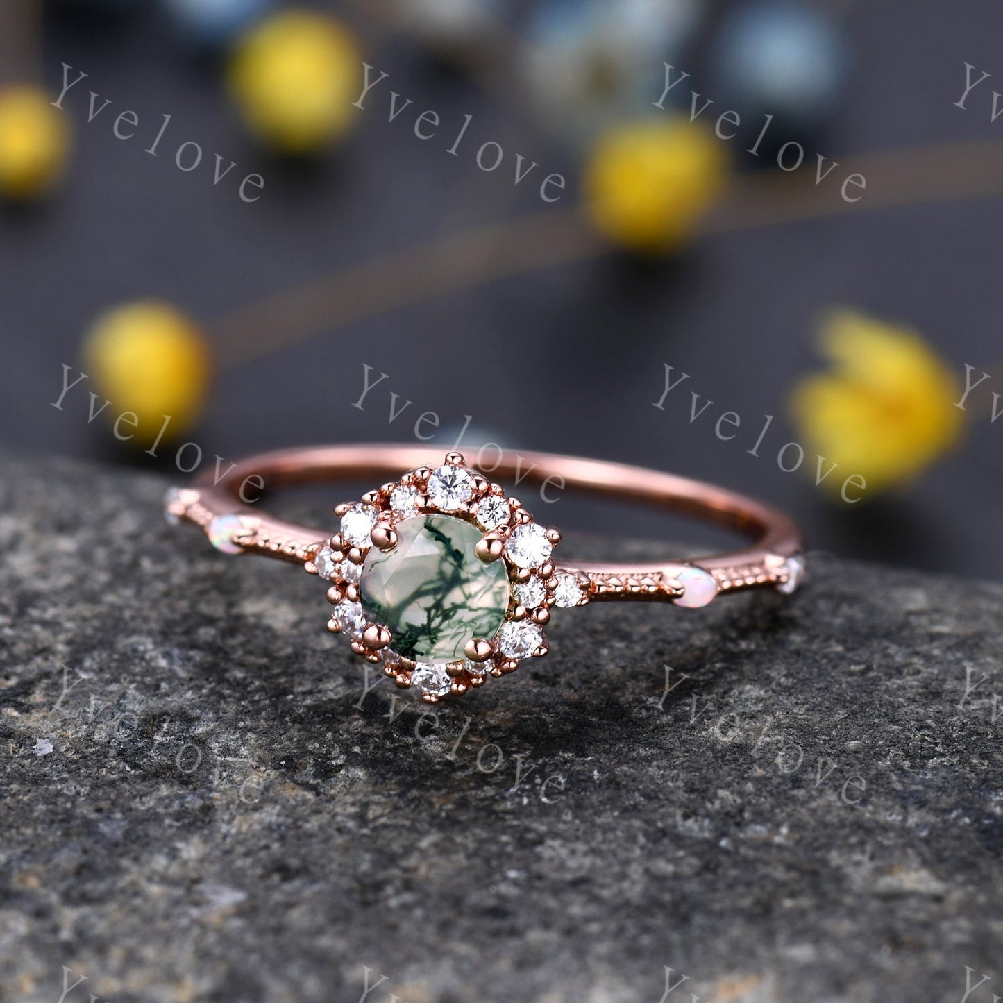Danity Moss Agate Engagement Ring Rose Gold Diamond Eternity Ring For Women Stacking Bridal Ring Floral Halo Promise Anniversary Gift