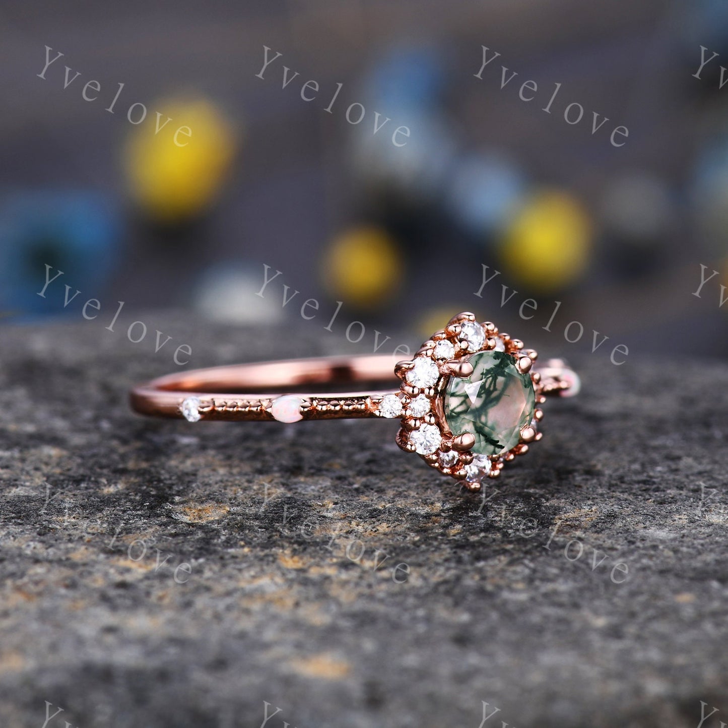 Danity Moss Agate Engagement Ring Rose Gold Diamond Eternity Ring For Women Stacking Bridal Ring Floral Halo Promise Anniversary Gift
