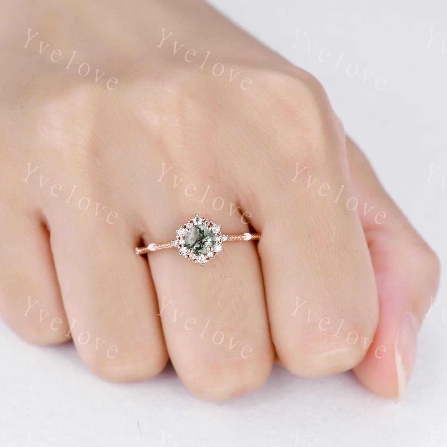 Danity Moss Agate Engagement Ring Rose Gold Diamond Eternity Ring For Women Stacking Bridal Ring Floral Halo Promise Anniversary Gift