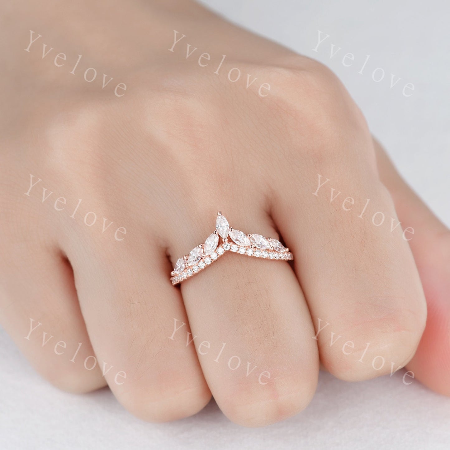 Moissanite wedding band,Marquise Moissanite ring,Curved V stacking rings,Moissanite Ring,Unique Moissanite wedding ring,14k rose gold