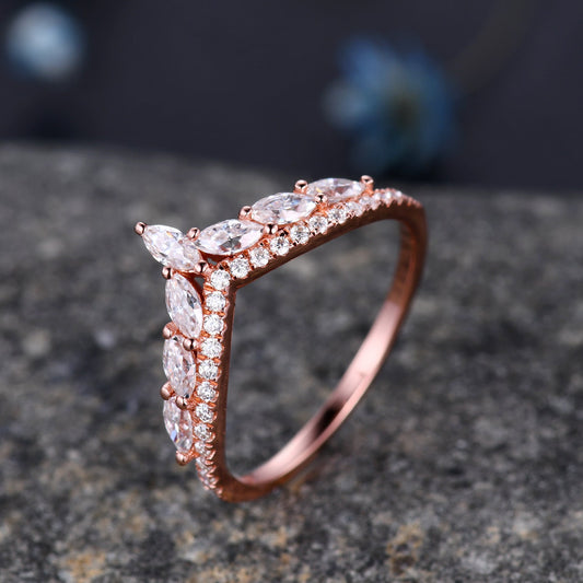 Moissanite wedding band,Marquise Moissanite ring,Curved V stacking rings,Moissanite Ring,Unique Moissanite wedding ring,14k rose gold