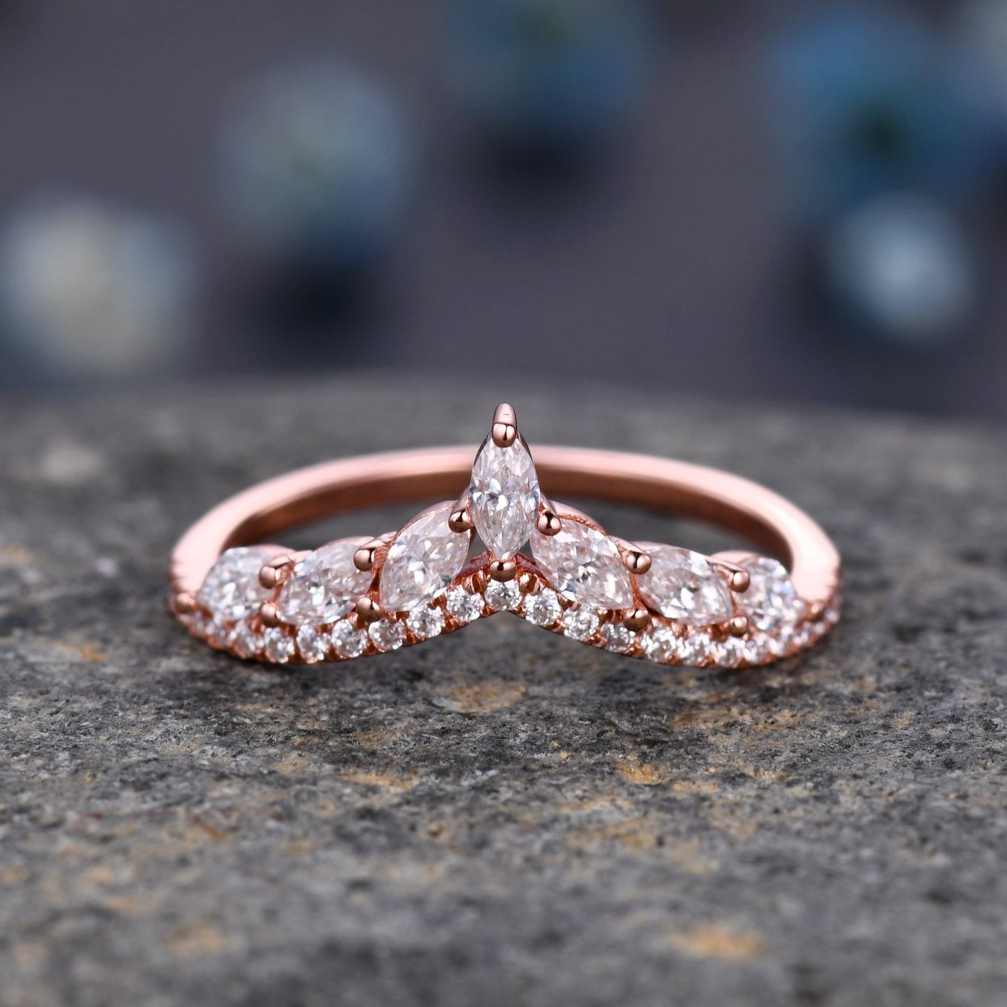 Moissanite wedding band,Marquise Moissanite ring,Curved V stacking rings,Moissanite Ring,Unique Moissanite wedding ring,14k rose gold