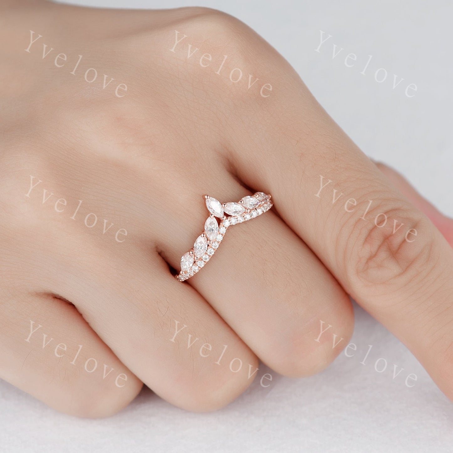 Moissanite wedding band,Marquise Moissanite ring,Curved V stacking rings,Moissanite Ring,Unique Moissanite wedding ring,14k rose gold
